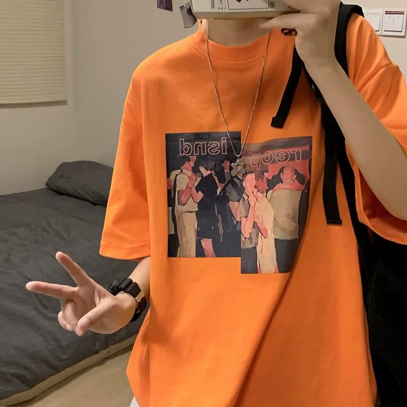 Летняя оранжевая футболка мужская в гонконгском стиле, свободная национальная тенденция, модный уличный топ, модная брендовая повседневная футболка с короткими рукавами