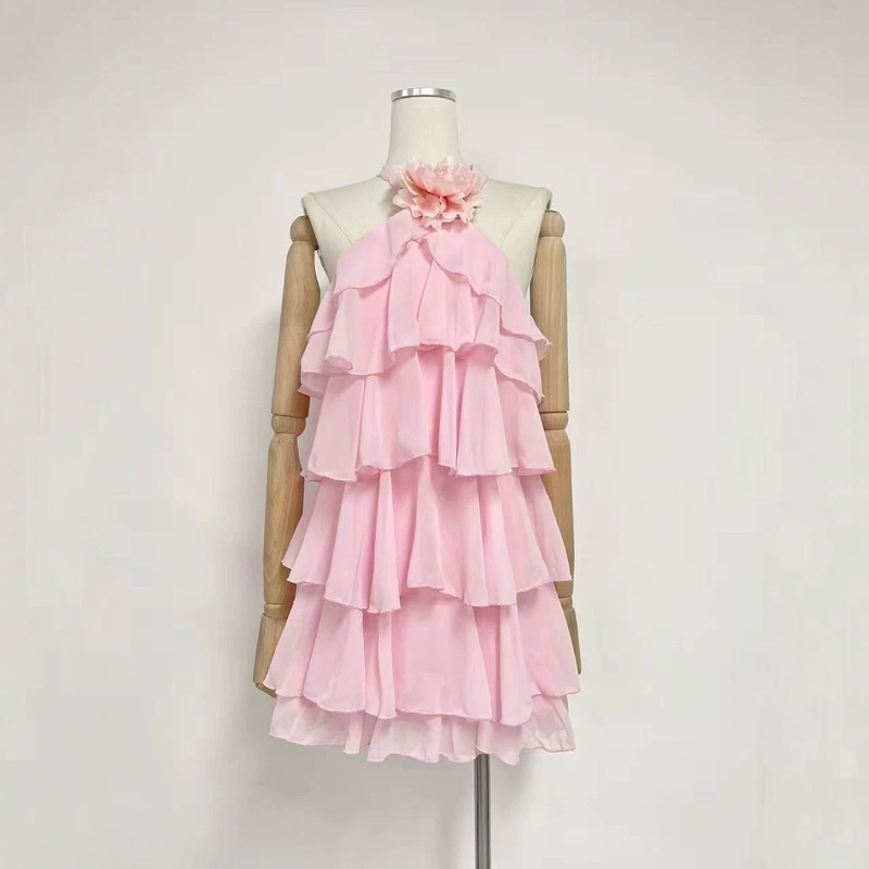 European and American cross-border 2027 summer women's new three-dimensional floral ruffle strap vacation-style dress bridesmaid dress
