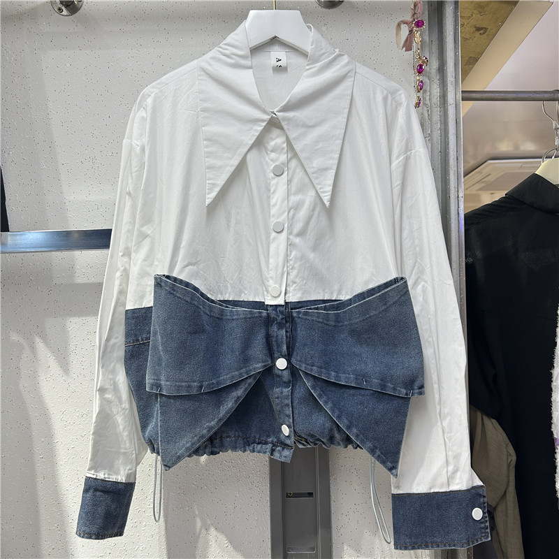 European 2024 Autumn New Long Sleeve Stitching Denim Design Sense Slim Shirt Bow Slim Shirt Top