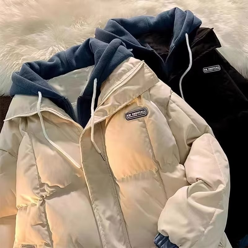 Fake two-piece cotton men's winter Korean loose casual hooded down jacket fashion_voghion.com