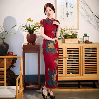 提花面料长款旗袍2026春款文艺复古中国风妈妈日常走秀旗袍连衣裙