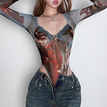 H 14042 Retro Mesh Long Sleeve Bodysuit ���������� �羳����
