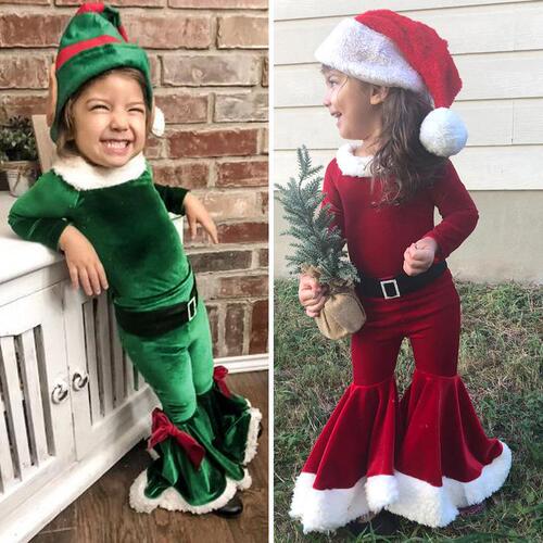 European and American Christmas clothing for children, Santa's helper cosplay costumes, winter long-sleeved tops with flared pants for girls