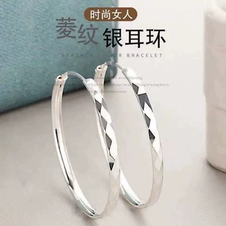 足银999时尚车花双扑耳圈耳环菱形水立方款大圆圈素圈高级感耳饰