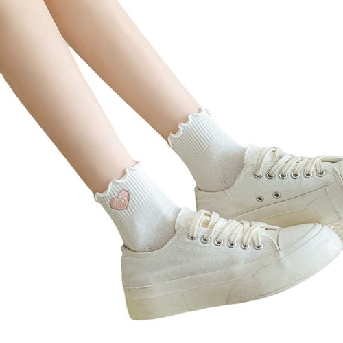 Wholesale Cute Pure White Rolled Edge Embroidered Academy Style School Girl Socks for Spring and Summer, Fine Combed Cotton Plain Color Short Socks