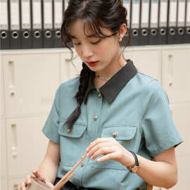 实拍 2025夏季日系文艺复古撞色翻领短袖衬衫爱心纽扣法式上衣女