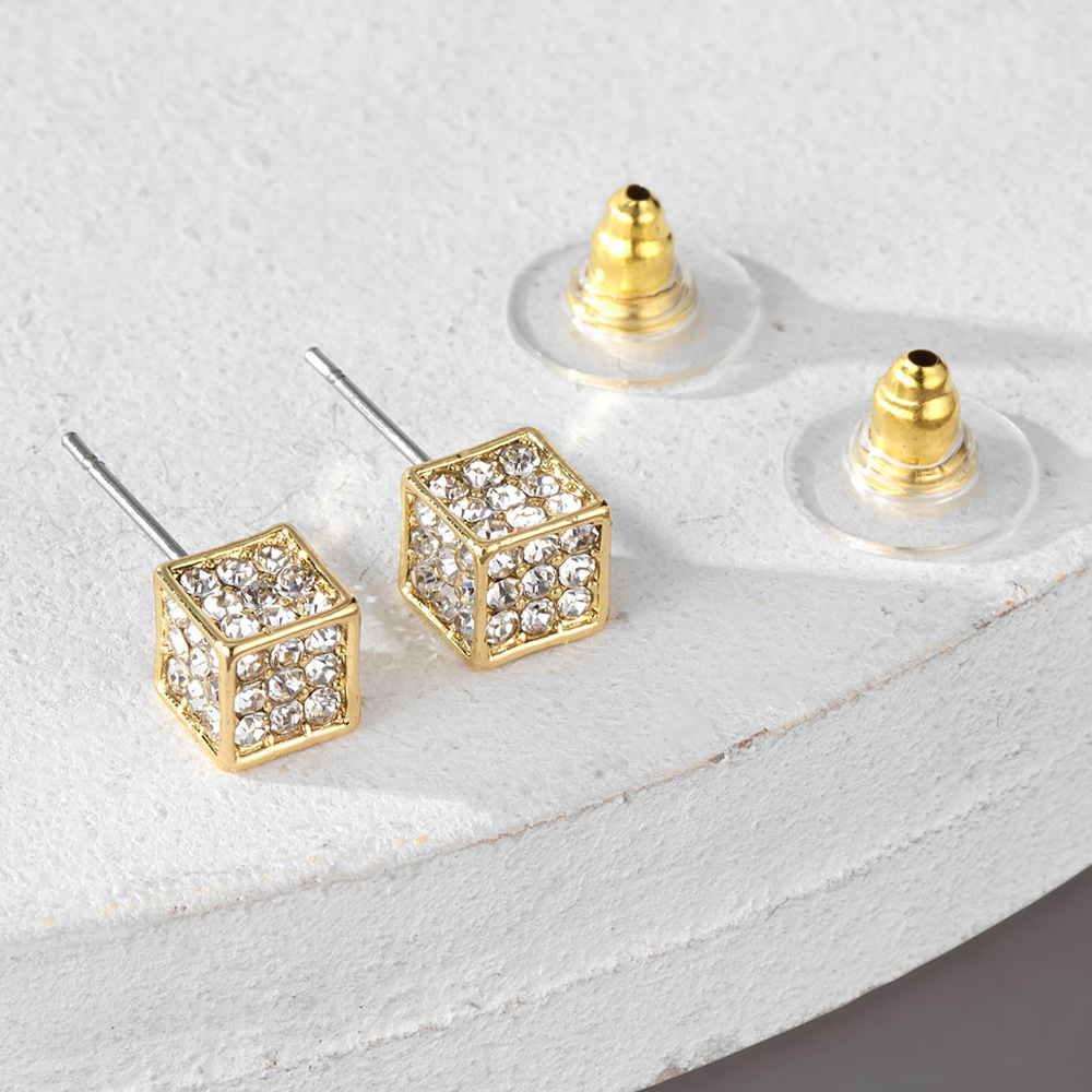 Diamond electroplated geometric three-dimensional square earrings, small fashionable design, personalized and trendy_voghion.com