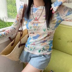 女性用日焼け止め服、女性用夏用薄手長袖Tシャツ、プリントメッシュボトムシャツ、ガーゼインナー、アイスシルクトップス、ブラウス