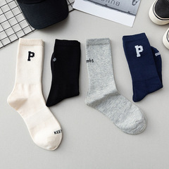 Korean-style socks for men and women: Combed cotton letter "P" design, preppy AB style, trendy Instagram-inspired, Japanese-style mid-calf sports socks—perfect as a couple's pair.