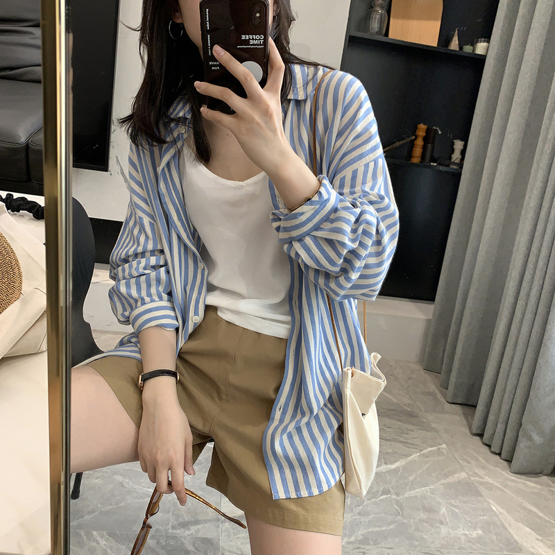 No Late Spring ~ Light and Sun Protection! Cotton and Linen Breathable Loose Large Size Jacket 2023 Summer Sunshade Stripesd Long-Sleeved Shirt