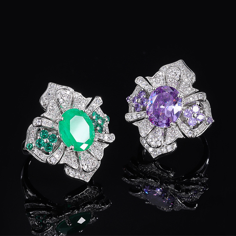 Fashion Flower Brass Inlay Zircon Rings 1 Piece