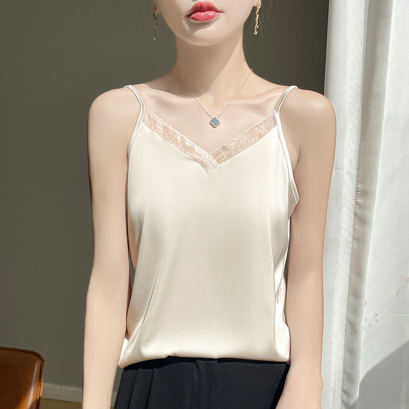 Women's Summer V-Neck Camisole with Acetate Satin White Lace Trim, Suitable for Pairing with a Blazer