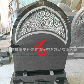 定制惠安石雕厂直销欧式玫瑰浮雕墓碑 黑色花岗岩雕刻墓碑