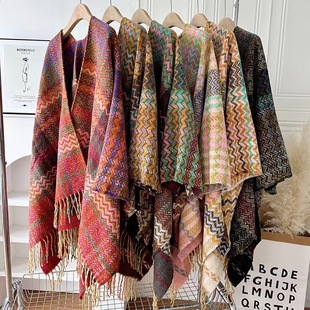New Ethnic Style Wavy Pattern Sleeved Knitted Shawl for Women in Autumn and Winter Thickeneded and Warm Yunnan Lijiang Photo Travel Outer