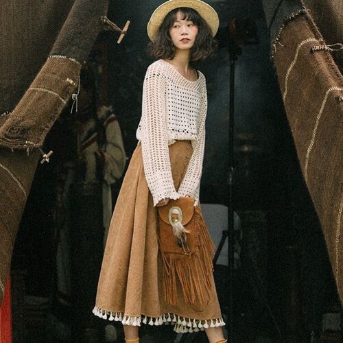 Winter Corduroy Semi-annual High-Waist Slimming Word Semi-annual Long-Sleeved Thick Umbrella Skirt for Women