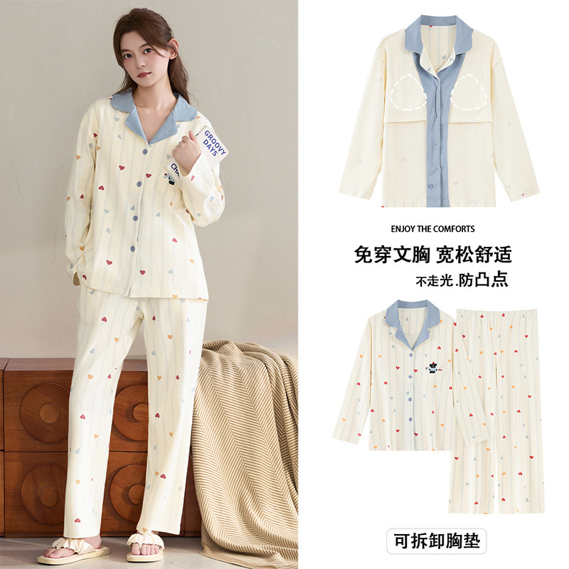 纯棉睡衣女款春秋季长袖长裤套装卡通大码带胸垫爽棉家居服可外穿|undefined
