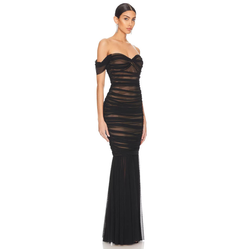 European and American Cross-Border Socialite Influencer Mesh Tube Top Ruched Long Dress Evening Gown with Pleated Flowing Tulle Dress