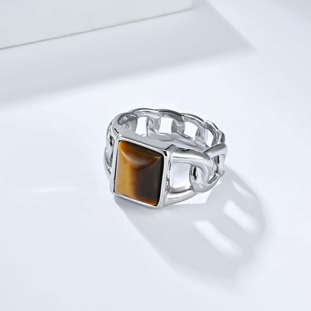 Herren Tigerauge Edelstein Ring Im Cuban Chain Design Edelstahl_voghion.com