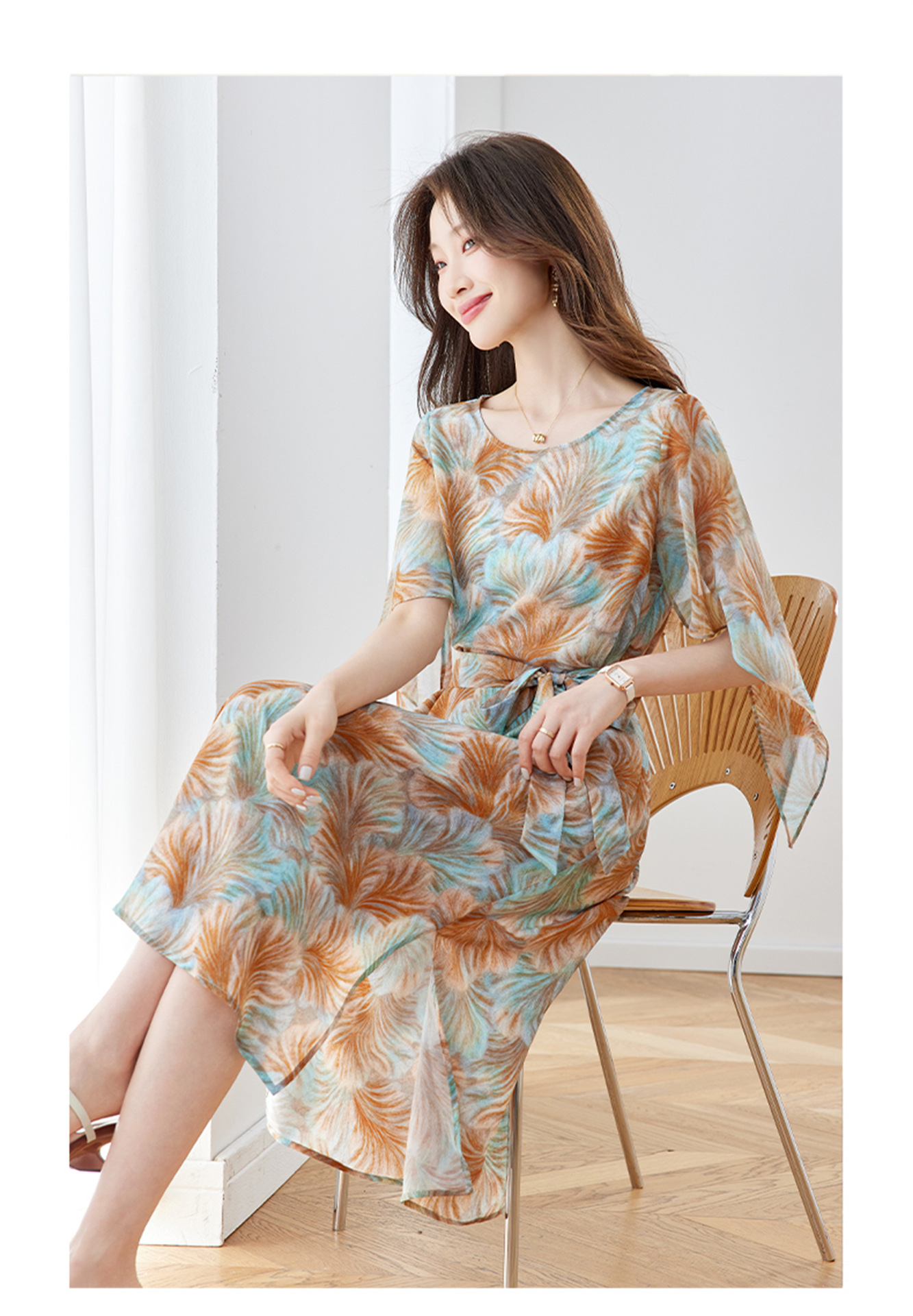 Đầm maxi nữ thắt eo in họa tiết hoa tay ngắn dáng suông che khuyết điểm — xanh lam, Màu hồng chi tiết 21
