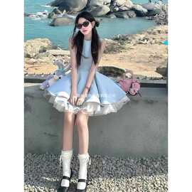 法式甜辣妹无袖拼接连衣裙女2025夏季新款高级感收腰蕾丝边蓬蓬裙