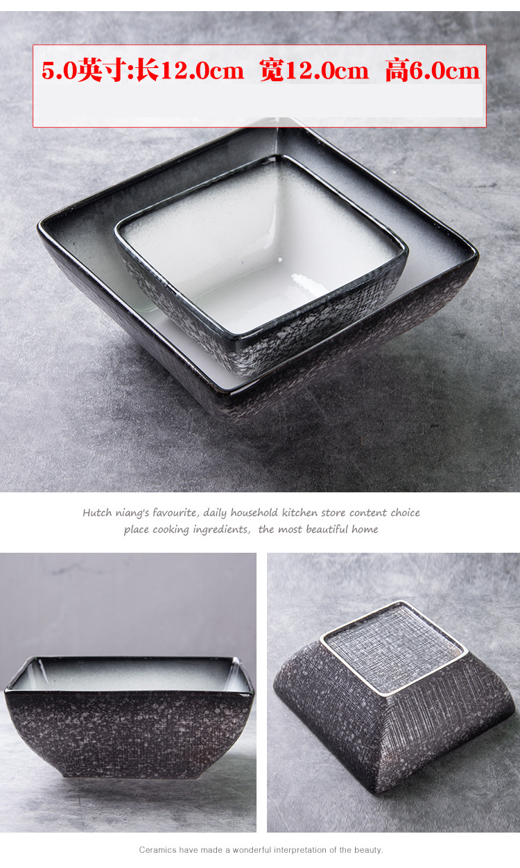 Creativo copo de nieve esmalte negro tazón cuadrado de cerámica tazón de ensalada de frutas tazón de arroz tazón de sopa tazón cuchara tazón condimento tazón