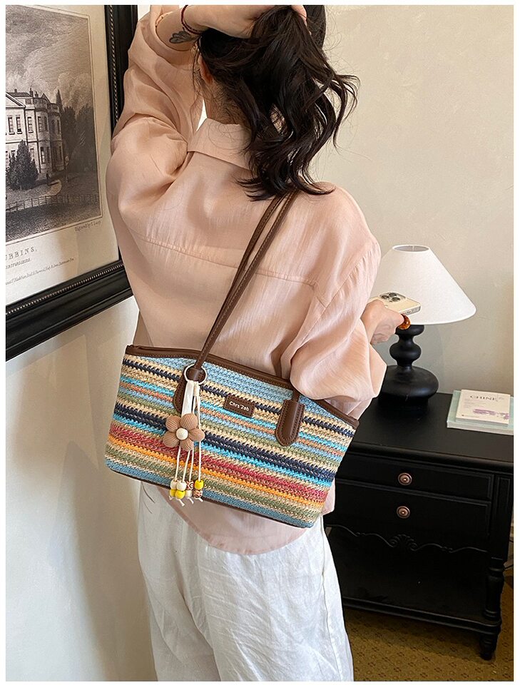 Túi tote đeo vai kẹp nách dáng ngang phong cách tối giản thanh lịch — Kaki sọc, Màu sắc, Màu xanh da trời, màu kaki chi tiết 10