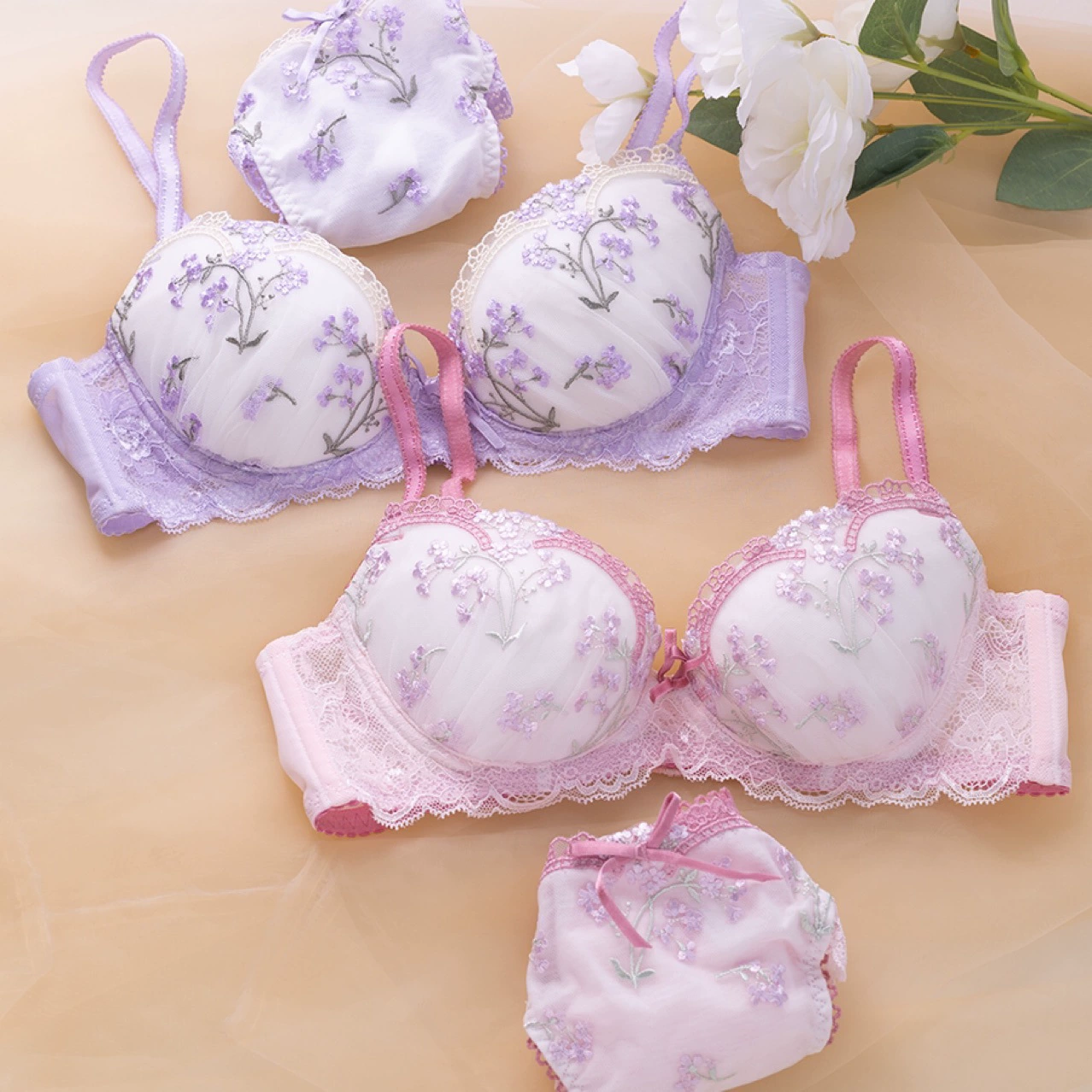 Японский стиль для девочек, тонкий вышитый бюстгальтер с глубоким вырезом в форме сердца, комплект пуш-ап, круглая форма груди, нижнее белье, бюстгальтер большого размера