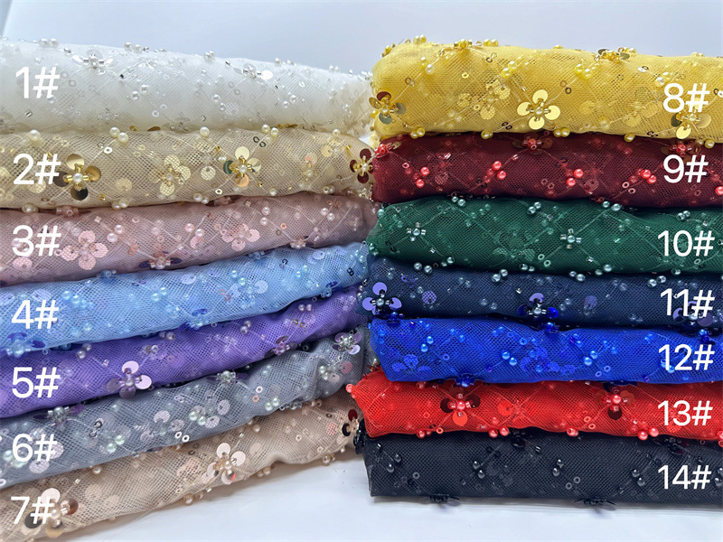 Cuadrados de 14 colores bordados de tubo de perlas simple flor de ciruela sequinilla tela bordada moda vestido de boda vestido de tela image 7