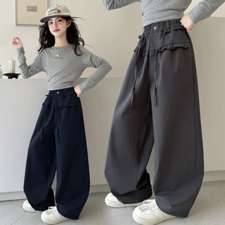 女童休闲裤子2026秋季新款中大童前片花边阔腿裤运动裤初中生长裤