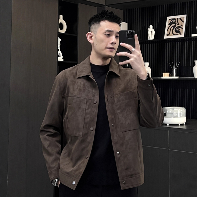 Spring and Autumn Trendy Pu Leather Jacket for Men with a Turn-Down Collar, Stylish, Soft, Fashionable, Versatile Motorcycle Workwear Leather Jacket