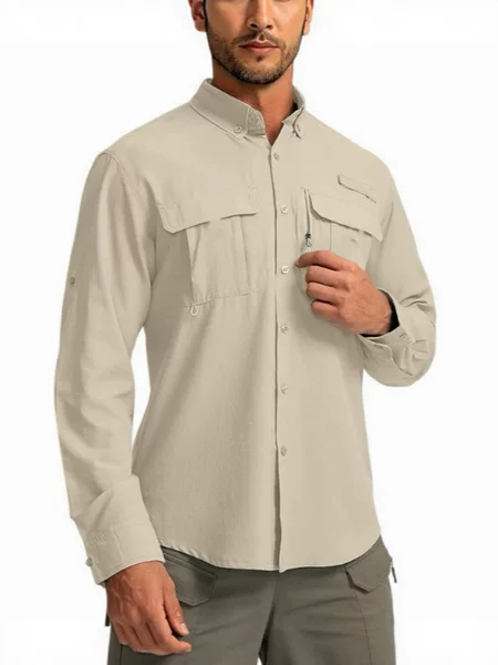 2026 New Men's Outdoor Work Shirt Long-Sleeved Breathable Quick-Drying Sun Protection Lapel Solid Color Casual Shirt