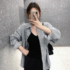 黑白条纹防晒衬衫女2025秋冬新款小个子休闲宽松薄款长袖衬衣外套