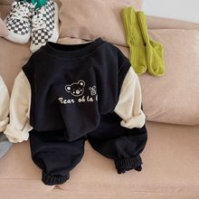 男童套裝2022春秋季男童洋氣卡通小熊假兩件長袖長褲寶寶套裝0041