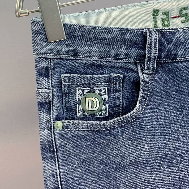 Men's Stretch Denim Shorts With Embroidery And Print Designs, Slim Fit 5-Pocket Casual Shorts For Summer Street Style_mkmklike.com