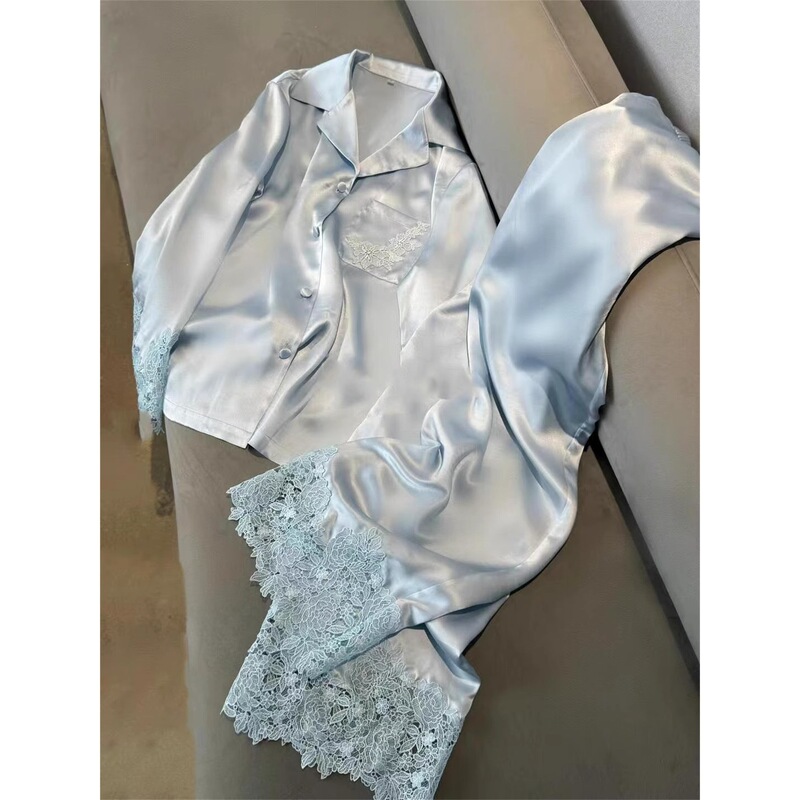 French-Style High-End Lace Ice Silk Pajamas for Women, New Spring and Autumn Silk Satin Loungewear Set, Cross-Border