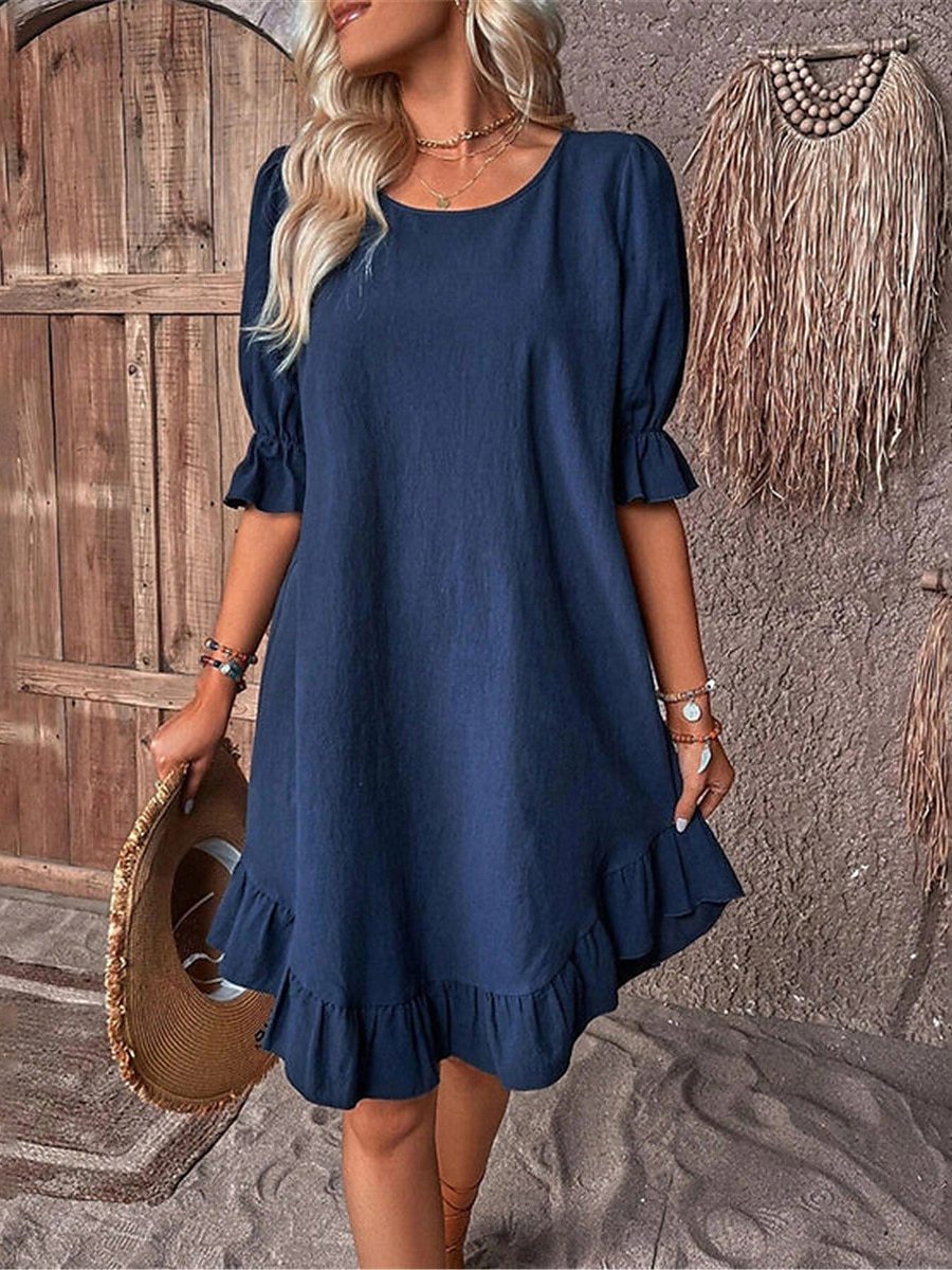Women's Gender Wholesale Women's Simple Style Ruffles Solid Color Daily Round Neck Half Sleeve Regular Dress