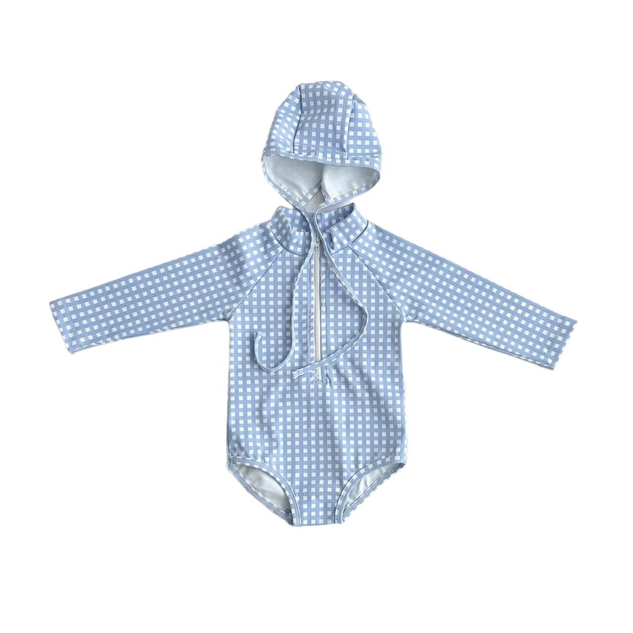 Ins Versión coreana de niños y niñas bebé lindo estampado de lunares a cuadros, traje de baño de una pieza de protección solar de manga larga con gorro de baño