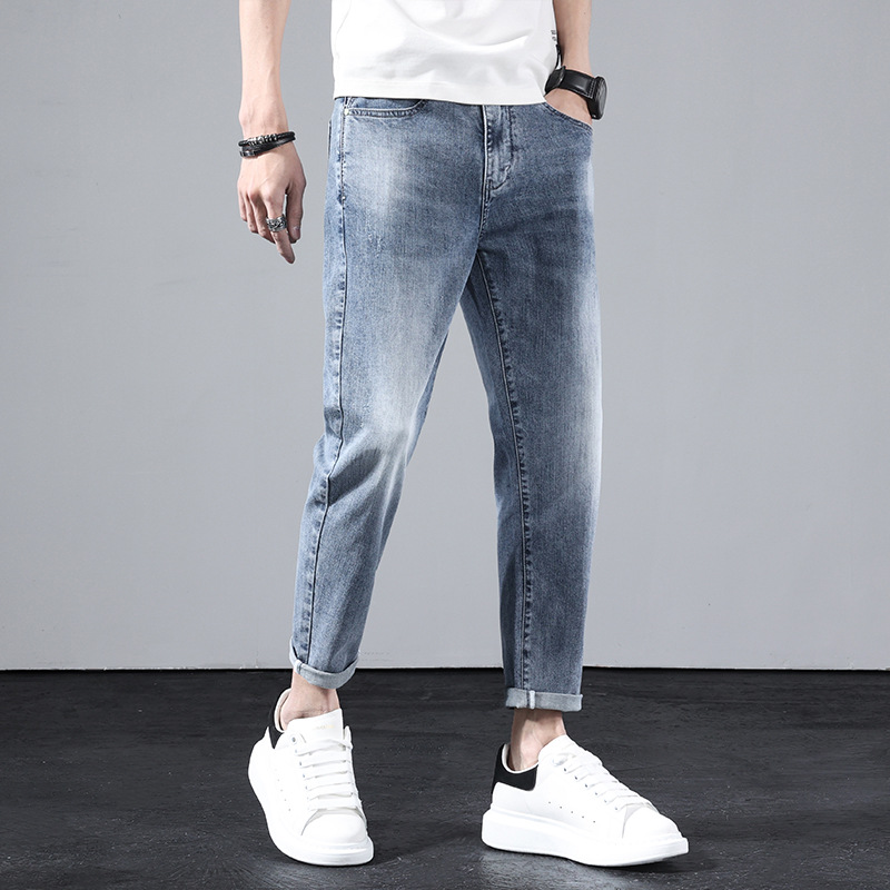2021 Spring and summer new pattern Jeans leisure time Simplicity Feet Men's trousers Elastic force Light blue Youth man trousers