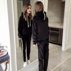 金丝绒运动服套装女时尚秋冬季新款加绒加厚卫衣休闲连帽两件套