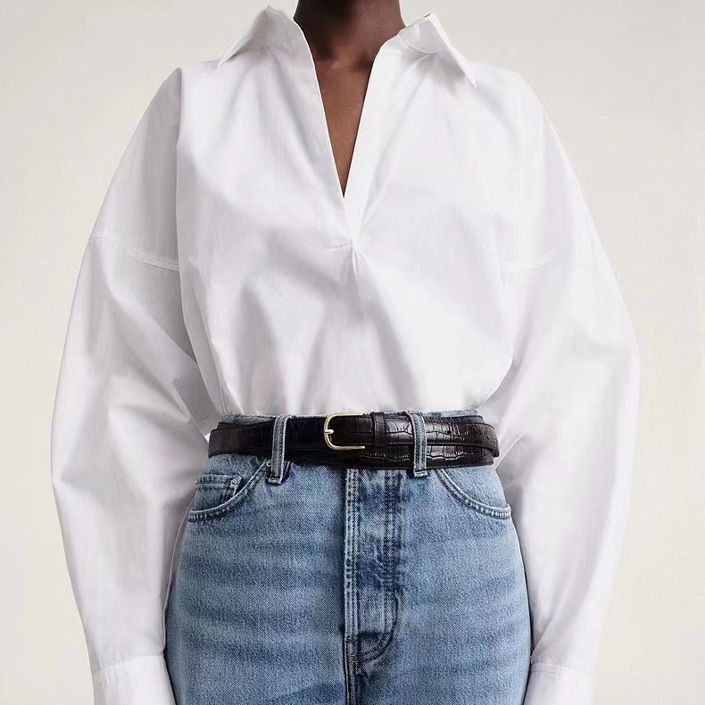 北欧から新しい長袖ミニマリストレディースシャツコットンポプリンバットスリーブVネック多用途ルーズシャツ