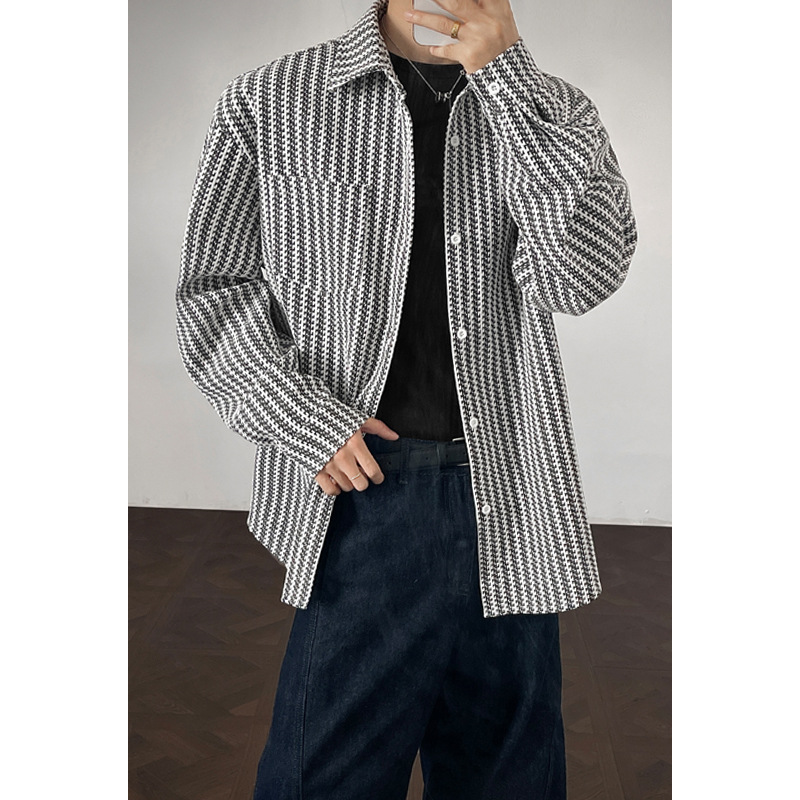 Camicia da uomo in stile retrò americano, con motivo a spina di pesce pesante, primavera autunno, di alta qualità, con colletto rovesciato_voghion.com