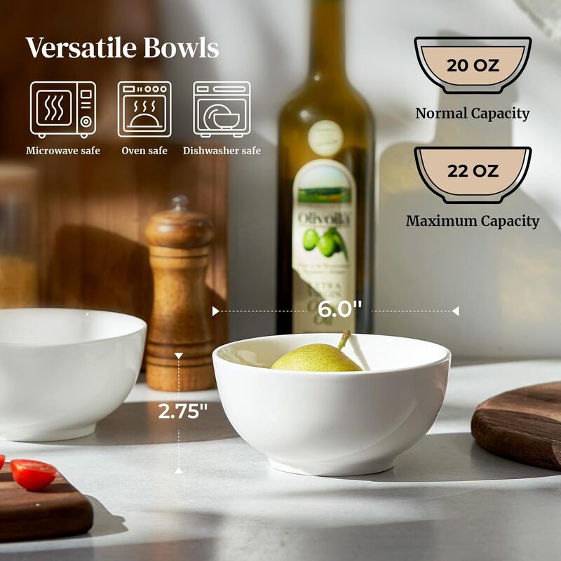 22 oz White Ceramic Bowl Set of 4, Multi-Purpose Bowls for Home Use, Soup, Noodles, Salad, Cereal, and Breakfast