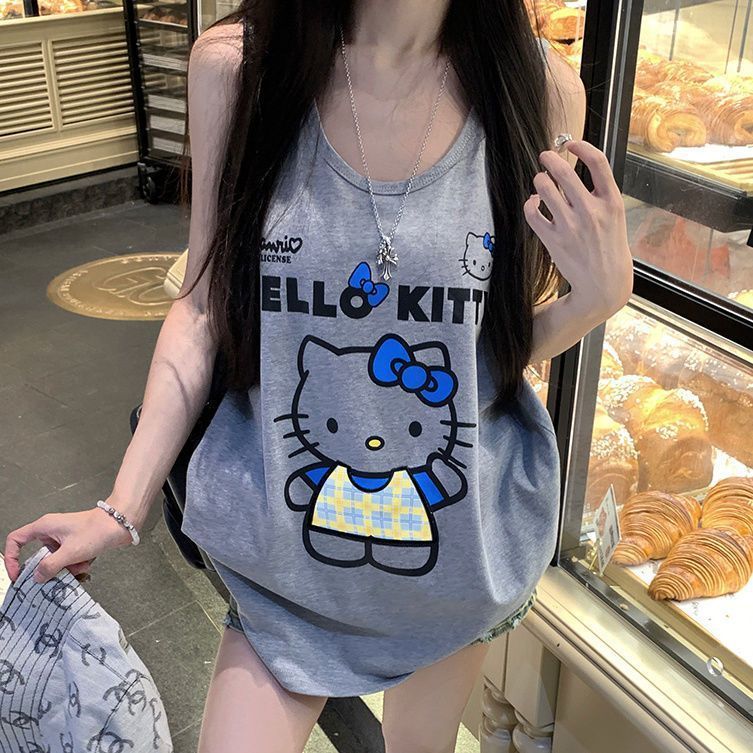 アメリカンレトロキティ猫プリントベスト Tシャツレディース夏の新しいルーズトレンディブランドホットガールノースリーブトップトレンディ|undefined
