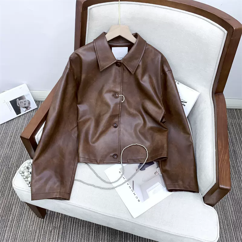 现货prefr百搭复古油蜡皮质感咖色皮衣外套女2023秋季新款短外套