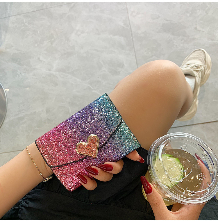 Small Wallet Bags Type Daily Occasion Women's Gradient Color Pu Leather Sequins Magnetic Buckle Wallets