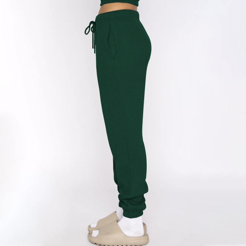 Spring Summer Solid Color Waffle round Neck Short Sleeve Women Clothing Casual Trousers Sets