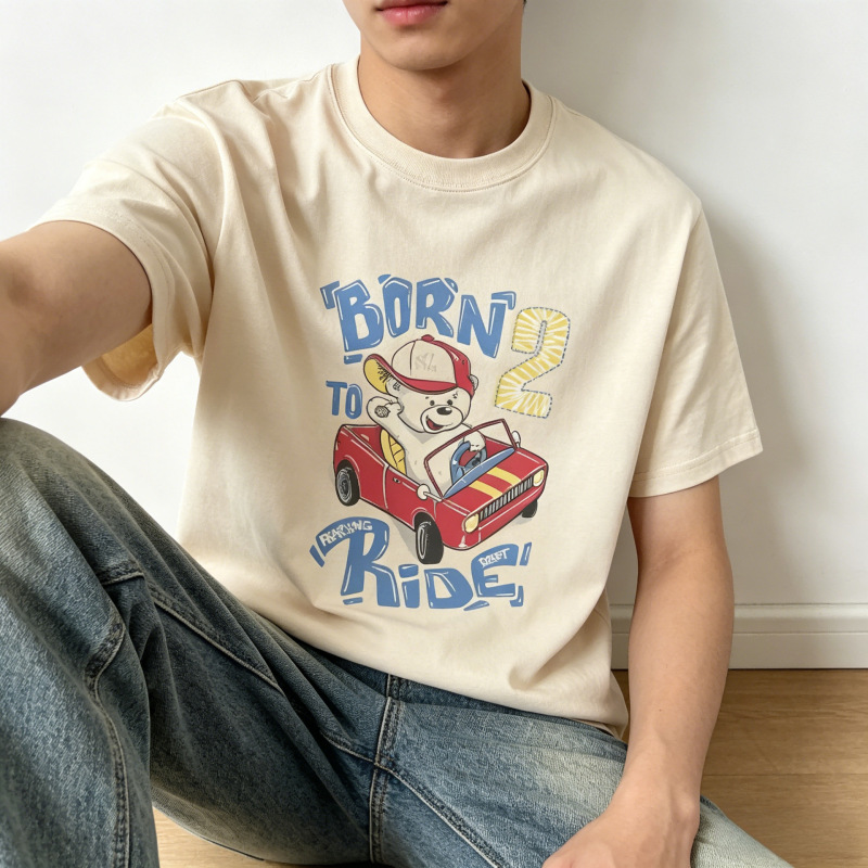 Cute and Playful Style Off-White Short-Sleeved T-Shirt with Cartoon Bear Racing Print Pure Cotton Top for Men and Women S722 Cute and Playful Style Off-White Short-Sleeved T-Shirt with Cartoon Bear Racing Print Pure Cotton Top for Men and Women S722