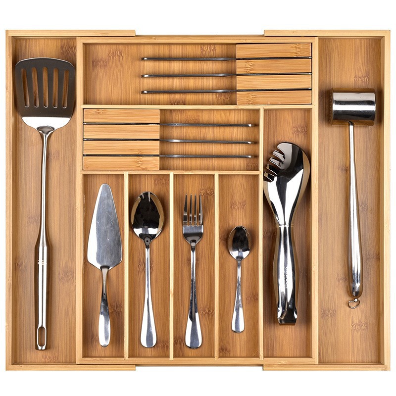 Cuchillo y tenedor retráctil a prueba de polvo de cocina de bambú y madera caja de almacenamiento de cubiertos caja de almacenamiento tipo cajón
