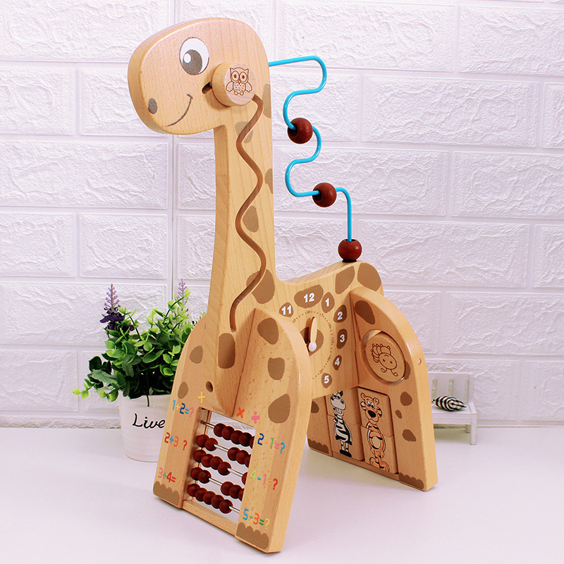 廠家直供榉木多功能小鹿繞珠計算架早教益智科教男女寶寶積木玩具
