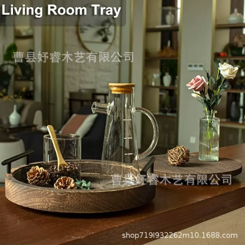 圆形托盘桌面蜡烛架底座圣诞节蛋糕装饰盘木质万圣节水果托盘